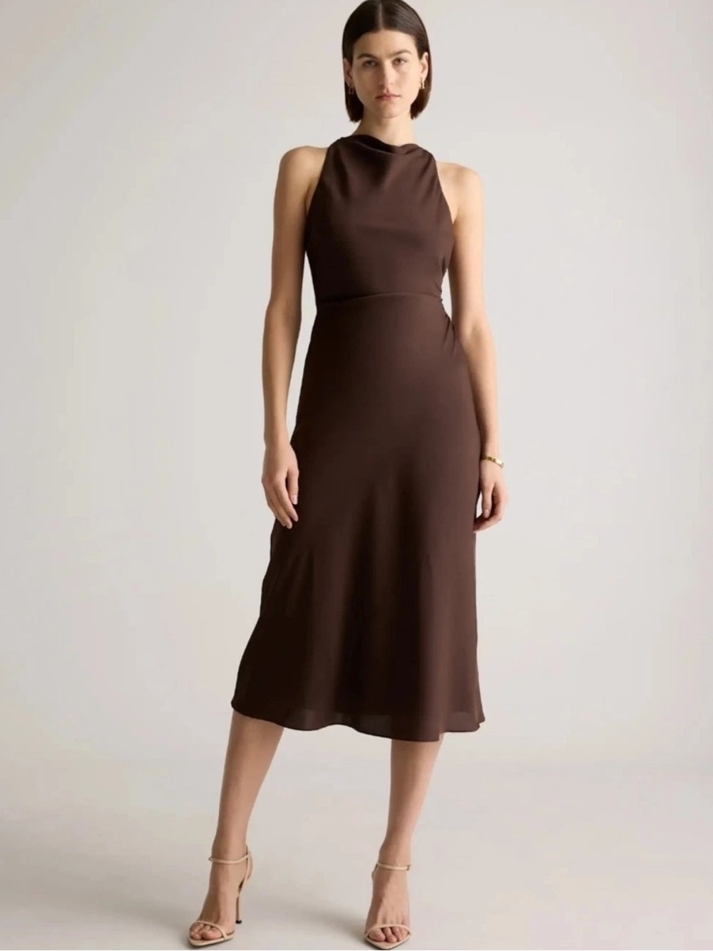 Quince Washable Stretch Silk High Neck Midi Dress Brown Hot Fudge